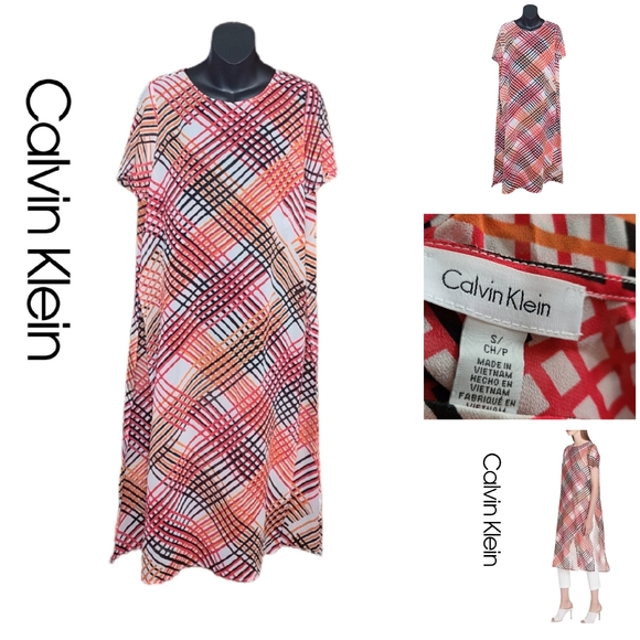 CALVIN KLEIN ABSTRACT CHECK LONG SHEER TUNIC - Picture 2 of 5